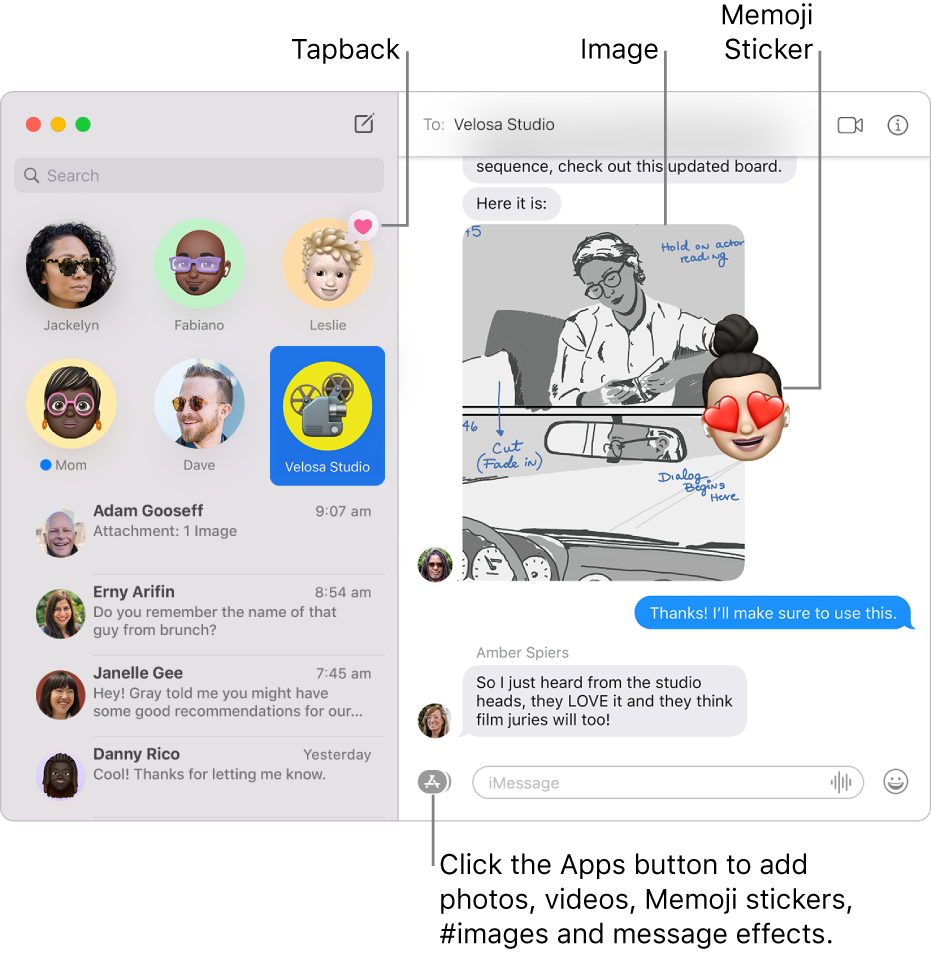 The Messages window with several conversations listed in the sidebar at the left, and a transcript showing on the right. A few items are highlighted: a Tapback above a pinned conversation on the left and an image and Memoji sticker in the transcript on the right. Click the Apps button at the bottom of the window to add photos, Memoji stickers, #images and message effects.