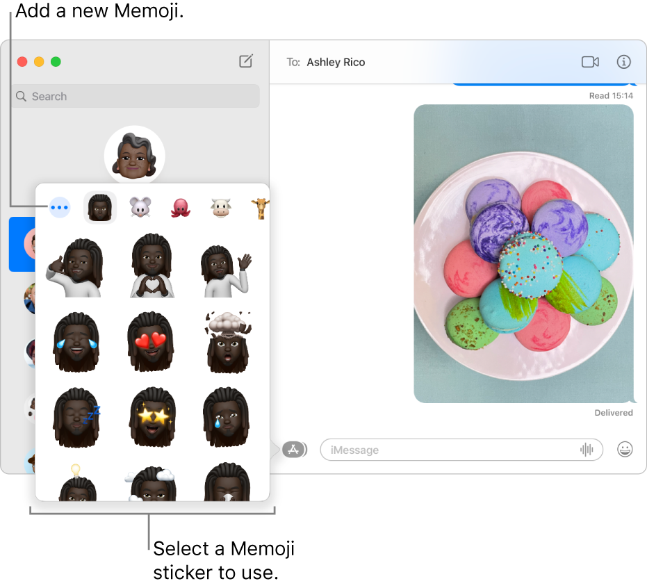 The Messages window with several conversations listed in the sidebar on the left, and a transcript showing on the right. When choosing Memoji Stickers from the Apps button, you can select a Memoji sticker to use or create a new Memoji.