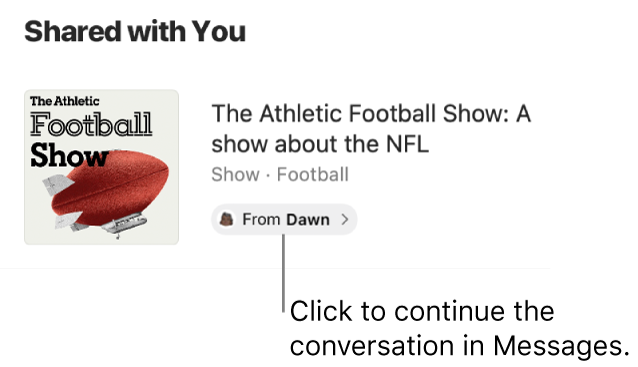 A show shared with you in Podcasts. Click the From label to continue the conversation — send a reply — in Messages.