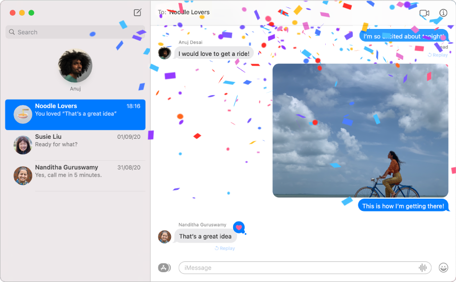 The Messages window with several conversations listed in the sidebar on the left, and an active conversation on the right. The conversation includes confetti message effects, a photo, and a Tapback on the last message.