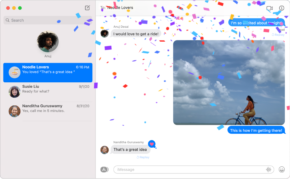 The Messages window with several conversations listed in the sidebar at the left, and an active conversation at the right. The conversation includes confetti message effects, a photo, and a Tapback on the last message.