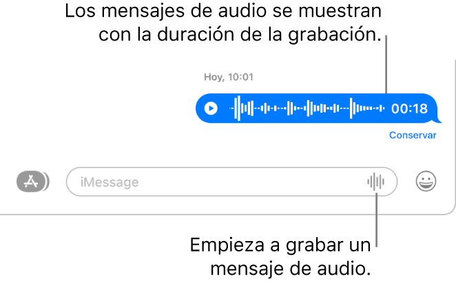Una conversación en la ventana de Mensajes mostrando el botón “Grabar audio” junto al campo de texto en la parte inferior de la ventana. Un mensaje de audio aparece con su duración registrada en la conversación.