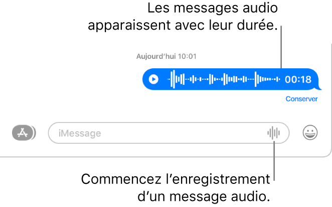 Une conversation dans la fenêtre Messages avec le bouton Enregistrement audio à côté de la zone de texte au bas de la fenêtre. Un message audio et sa durée d’enregistrement s’affichent dans la conversation.