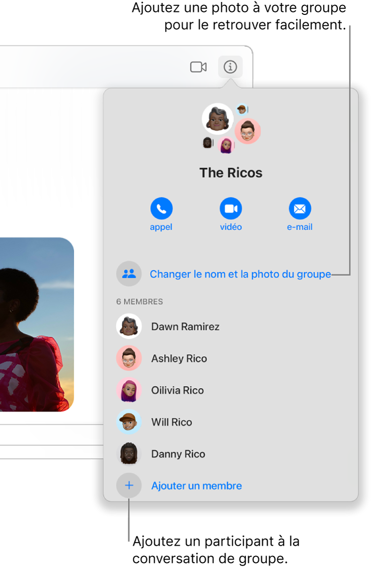 Vue détaillée s’affichant après avoir cliqué sur le bouton Détails dans une conversation de groupe. « Ajouter un membre » apparaît en dessous du nom du dernier participant dans la liste. Vous pouvez modifier le nom et la photo du groupe juste au-dessus des noms des participants.