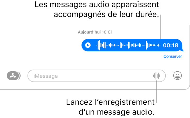 Une conversation dans la fenêtre Messages avec le bouton « Enregistrer l’audio » en regard de la zone de texte au bas de la fenêtre. Un message audio s’affiche avec sa durée dans la conversation.