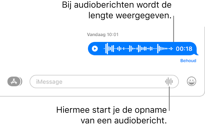 Een gesprek in het Berichten-venster, met de knop 'Neem audio op' naast het tekstveld onder in het venster. Wanneer in een gesprek een audiobericht is opgenomen, wordt daarbij de duur van de opname vermeld.