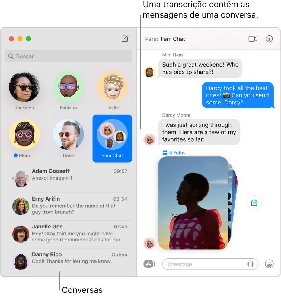 A janela do Mensagens com conversas na barra lateral e a transcrição contendo as mensagens dentro da conversa.