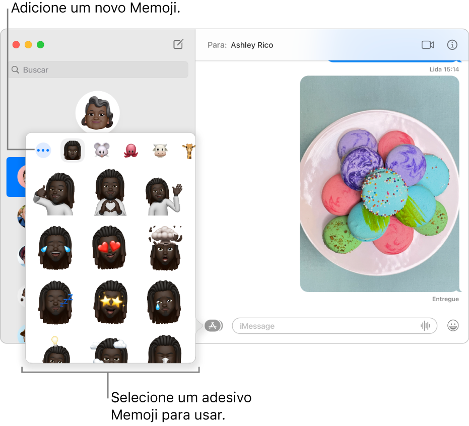 A janela do app Mensagens com várias conversas numa lista na barra lateral à esquerda e uma transcrição exibida à direita. Ao escolher Adesivos de Memoji no botão Apps, você pode selecionar um adesivo de Memoji para usar ou criar um novo Memoji.