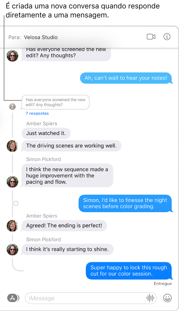 A janela da aplicação Mensagens a mostrar uma conversa com várias respostas agrupadas numa mensagem.