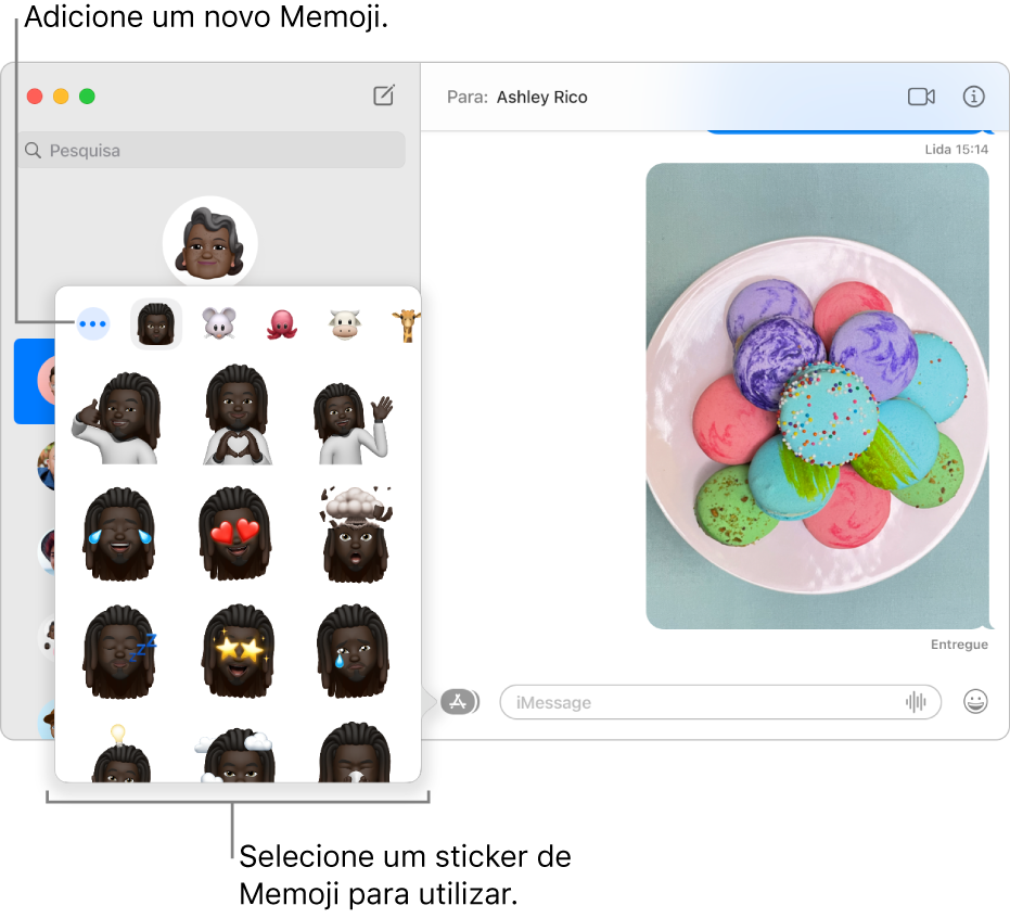 A janela da aplicação Mensagens com várias conversas listadas na barra lateral à esquerda e uma transcrição apresentada à direita. Ao escolher stickers de Memoji no botão Aplicações, pode selecionar um sticker de Memoji para usar ou criar um novo Memoji.