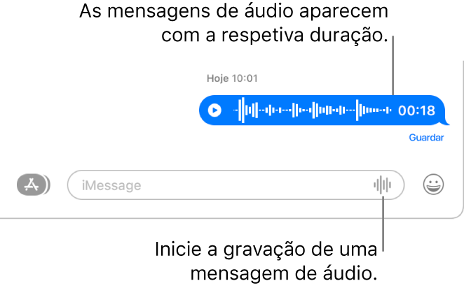 Uma conversa na janela da aplicação Mensagens a mostrar o botão “Gravar áudio” junto ao campo de texto na parte inferior da janela. Uma mensagem de áudio aparece na conversa com a respetiva duração.
