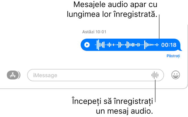 O conversație din fereastra Mesaje, afișând butonul “Înregistrează audio” lângă câmpul de text din partea de jos a ferestrei. Un mesaj audio apare cu lungimea înregistrată în conversație.