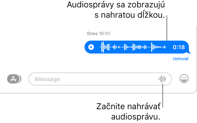Konverzácia v okne Správy zobrazujúca tlačidlo Nahrať audio vedľa textového poľa v dolnej časti okna. V konverzácii sa zobrazí audiospráva spolu s jej nahranou dĺžkou.