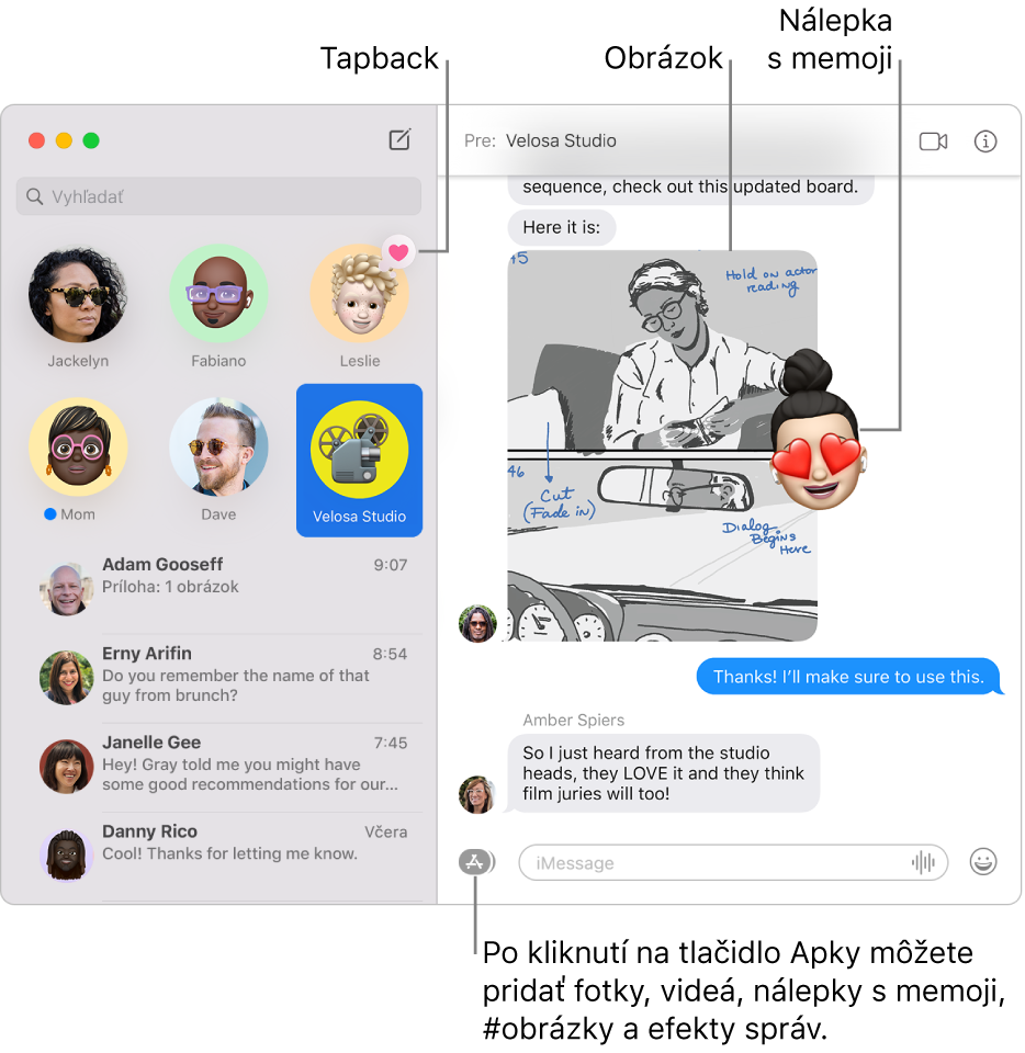 Okno Správy so zoznamom konverzácií na postrannom paneli vľavo a prepisom zobrazeným vpravo. Niektoré položky sú zvýraznené: tapback nad pripnutou konverzáciou vľavo a obrázok a memoji nálepka v prepise napravo. Kliknite na tlačidlo Apky v spodnej časti okna a pridajte fotky, memoji nálepky, #obrázky a efekty správ.