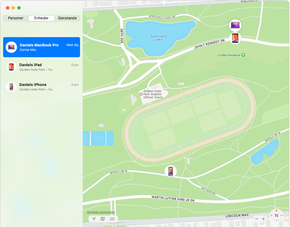 Appen Find, der viser en liste over enheder i indholdsoversigten og deres lokaliteter på et kort til højre.