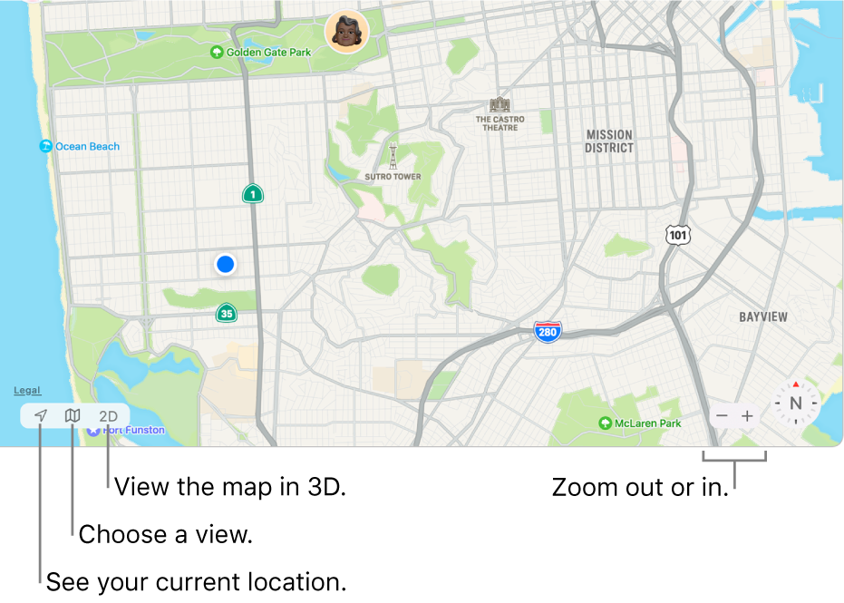 View of the Find My window showing people’s locations on a map. In the lower-left corner, use buttons to see your current location, choose a view and view the map in 3D. In the lower-right corner, use the zoom buttons to zoom in or out on the map.