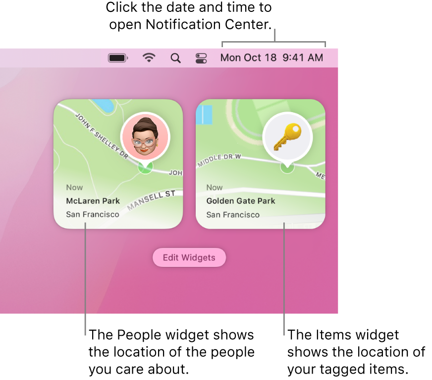 Two Find My widgets—a People widget showing the location of a person, and the Items widget showing the location of a key. Click the date and time in the menu bar to open Notification Center.