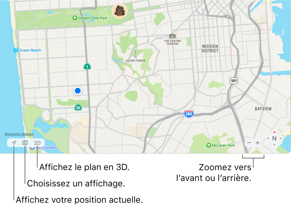 Affichage de la fenêtre Localiser montrant la position de personnes sur un plan. En bas à gauche, des boutons vous servent à voir votre position actuelle, choisir une présentation et afficher le plan en  3D. En bas à droite, utilisez les boutons de zoom pour effectuer un zoom avant ou arrière sur le plan.