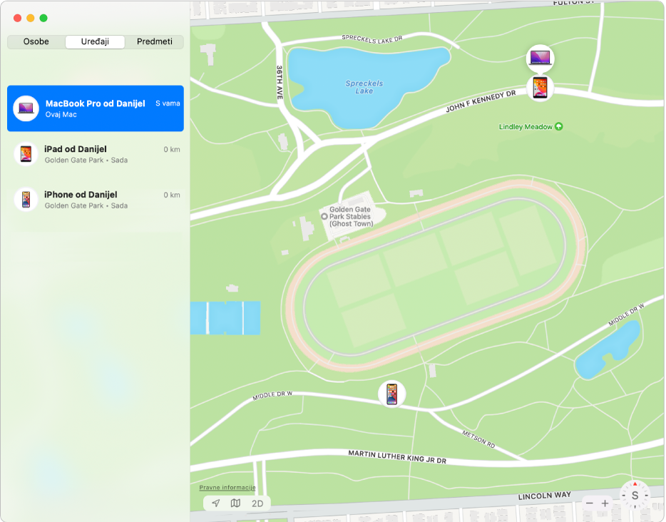 Aplikacija Pronalaženje s prikazom popisa uređaja u rubnom stupcu i njihovih lokacija na karti na desnoj strani.