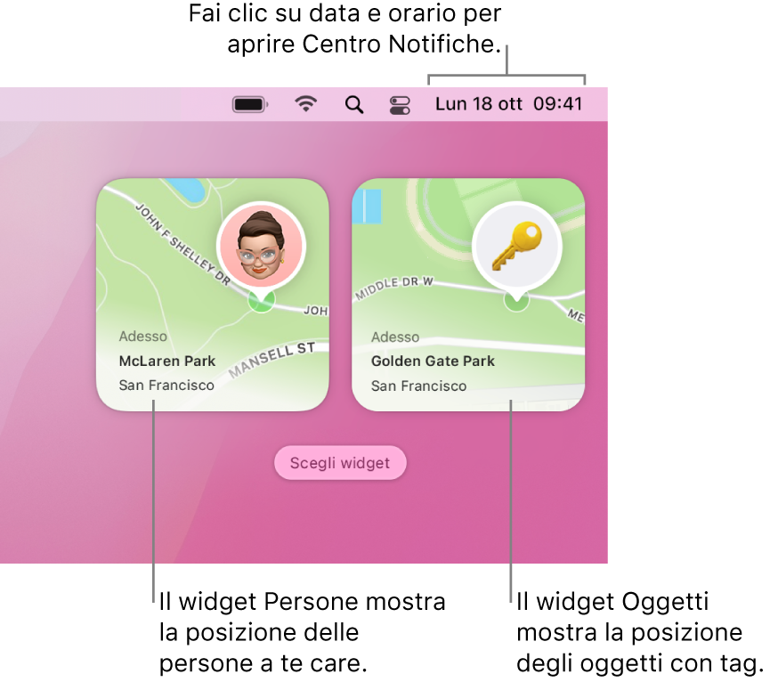 Due widget di Dov'è: un widget Persone che mostra la posizione di una persona e il widget Oggetti che mostra la posizione di una chiave. Fai clic su data e ora nella barra dei menu per aprire Centro Notifiche.
