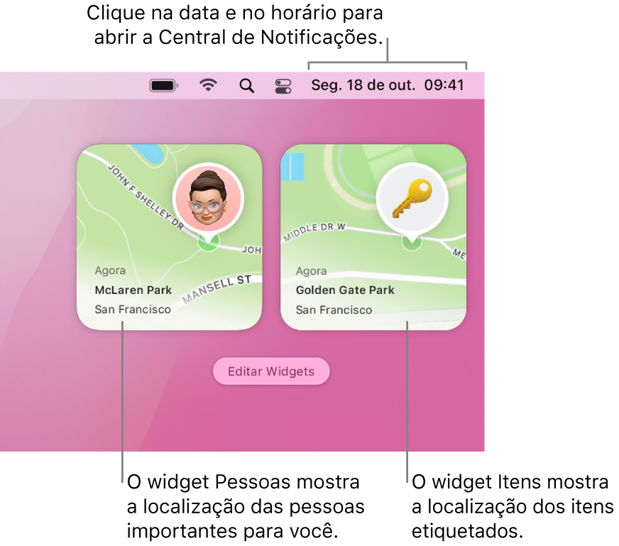 Dois widgets do app Buscar. Um widget Pessoas mostrando a localização de uma pessoa e um widget Itens mostrando a localização de uma chave. Clique na data e hora na barra de menus para abrir a Central de Notificações.