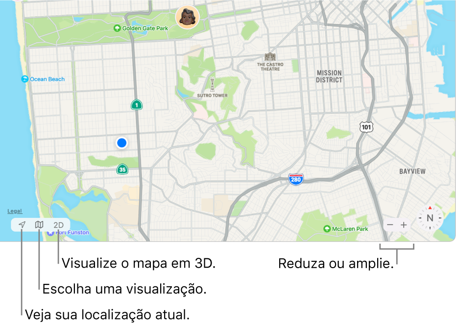 Visualização da janela do Buscar mostrando localizações de pessoas em um mapa. No canto inferior esquerdo, use os botões para ver sua localização atual, escolher uma visualização e visualizar o mapa em 3D. No canto inferior direito, use os botões de zoom para ampliar ou reduzir o mapa.