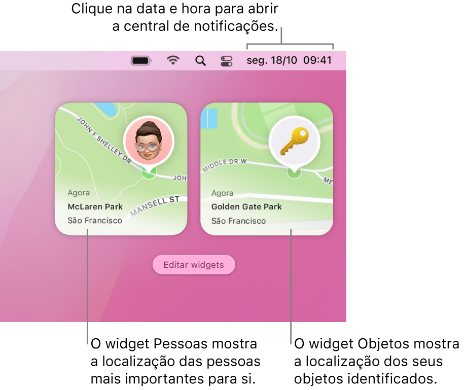 Dois widgets da aplicação Encontrar, um widget Pessoas a mostrar a localização de uma pessoa e o widget Objetos a mostrar a localização de uma chave. Clique na data e hora na barra de menus para abrir a central de notificações.