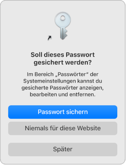 Ein Dialogfenster fragt, ob das Passwort für eine Website gesichert werden soll.