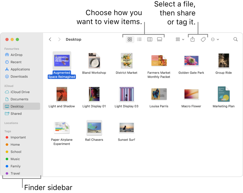 A Finder window with the Finder sidebar on the left. At the top of the window are four buttons that change the way items are shown in the window and additional buttons for organising and sharing items.