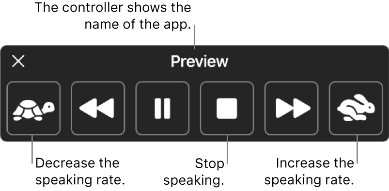 The on-screen controller that can be shown when your Mac speaks selected text. The controller provides six buttons which, from left to right, let you decrease the speaking rate, skip back one sentence, play or pause the speaking, stop the speaking, skip forward one sentence and increase the speaking rate. The name of the app is shown at the top of the controller.