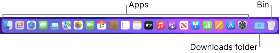 The Dock showing icons for apps, the Downloads stack and the Trash.