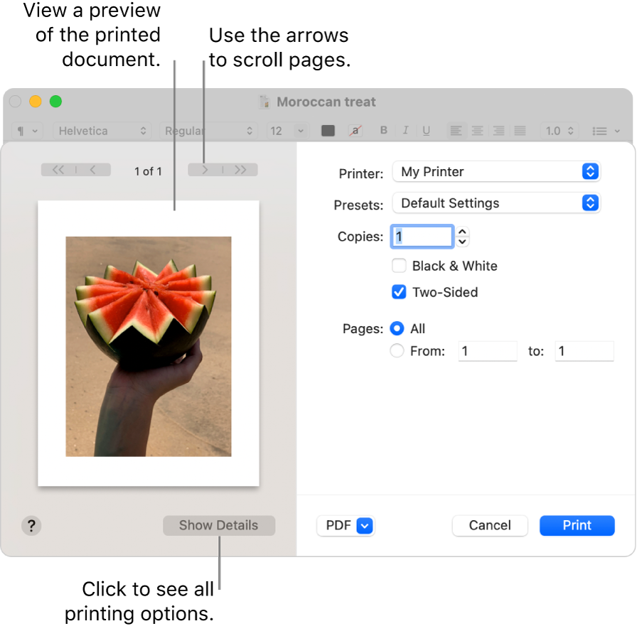 The Print dialog shows a preview of your print job. Click the Show Details button to see more print options.