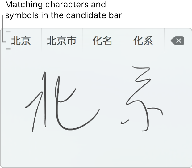 The Trackpad Handwriting window showing the word “Beijing” written by hand in Simplified Chinese. As you draw strokes on the trackpad, the candidate bar (at the top of the Trackpad Handwriting window) shows possible matching characters and symbols. Tap a candidate to select it.