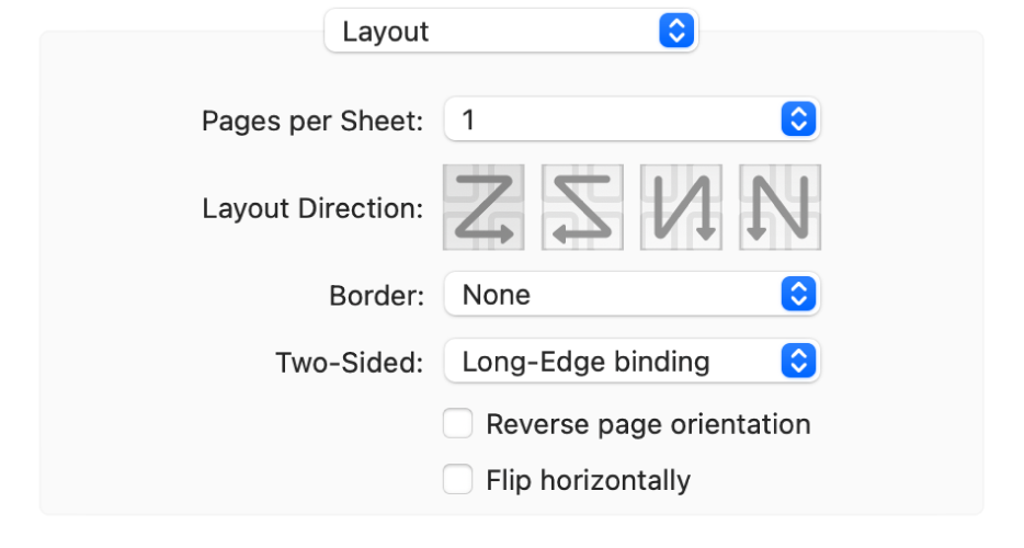 The Layout option chosen in the print option pop-up menu, with the Reverse page orientation checkbox.