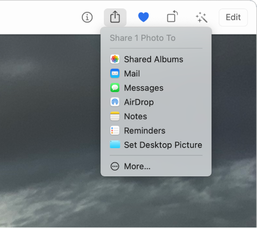 The Share menu, shown from the Share button in the Photos toolbar. The Share menu includes, from top to bottom, Shared Albums, Mail, Messages, AirDrop, Notes, Reminders, and Set Desktop Picture. The last item is More.