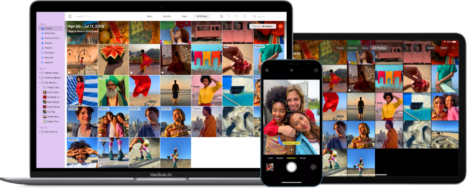 A Mac, iPhone, and iPad showing the same photo library.