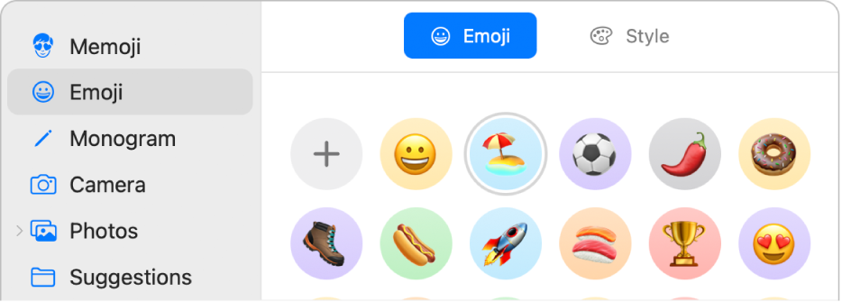 The Apple ID picture dialog with emoji selected in the sidebar and various emoji shown on the right.