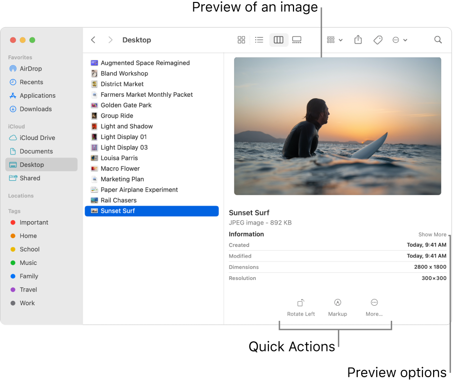 A Finder window showing the Finder sidebar on the left and an image file selected in the middle of the window. On the right, the Preview pane shows what the image looks like, with the image details below that, and the Quick Actions buttons at the bottom.