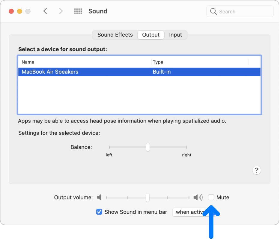 The Mute checkbox at the bottom of the Sound preferences pane.