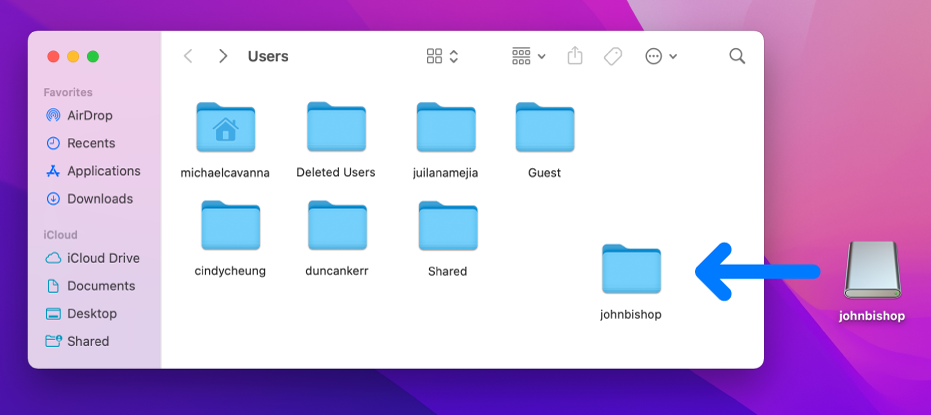 The Users folder open in the Finder showing user accounts. On the right is a disk image of a deleted user account and an arrow showing that you can drag the disk image into the Users folder to restore a deleted user account.