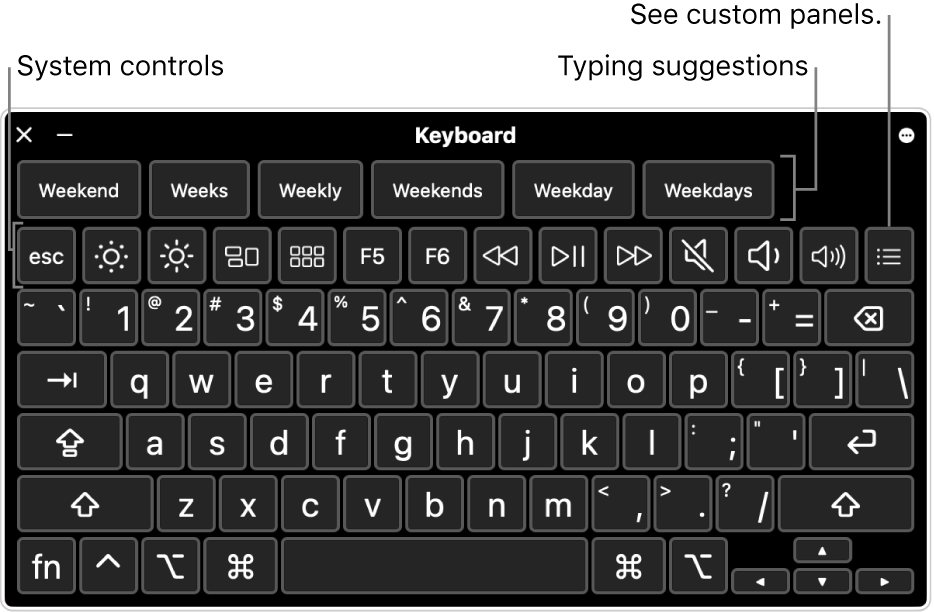 The Accessibility Keyboard with typing suggestions across the top. Below is a row of buttons for system controls to do things like adjust display brightness and show custom panels.