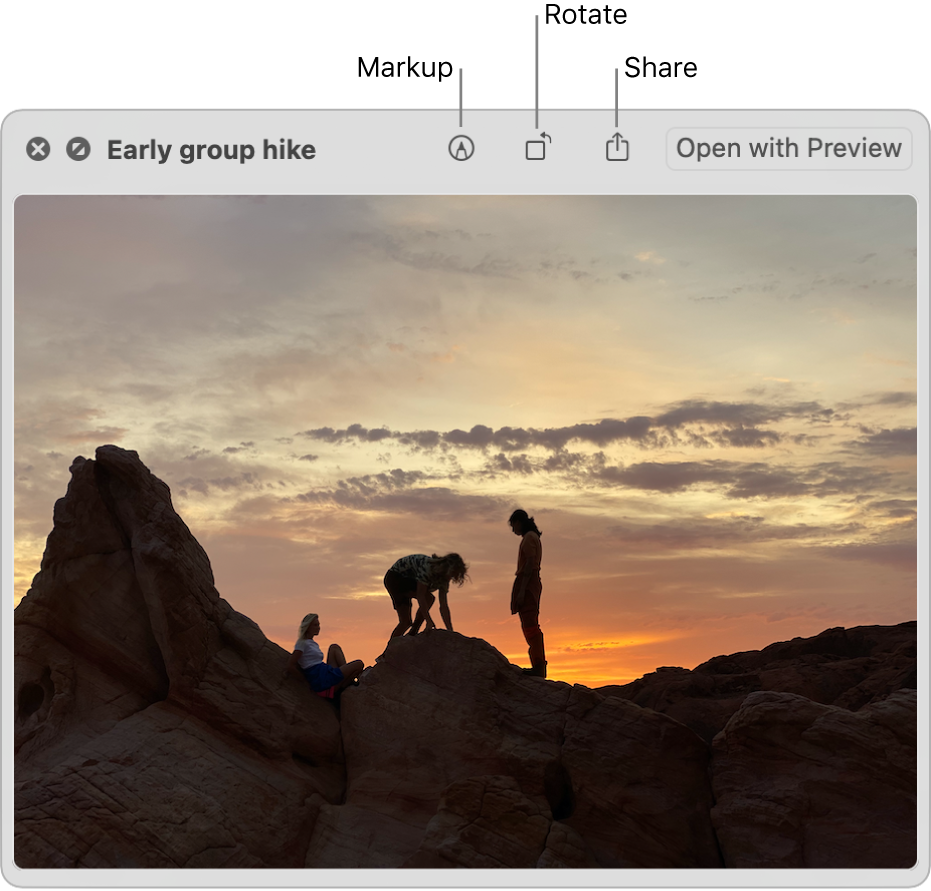 An image in the Quick Look window with buttons to mark up, rotate, or share the image, or open it in the Preview app.