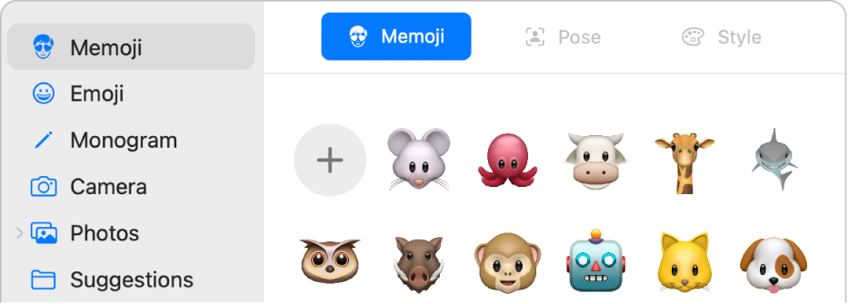 The Apple ID picture dialog with Memoji selected in the sidebar and various Memoji shown on the right.