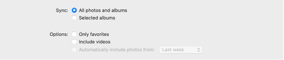 “All photos and albums” and Selected albums radio buttons appear with “Only favorites, “Include videos,” and “Automatically include photos from” checkboxes below.