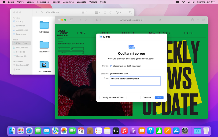 Un escritorio de Mac mostrando dos ventanas abiertas: el Finder con archivos de iCloud Drive y la app Safari con la configuración de “Ocultar mi correo”.