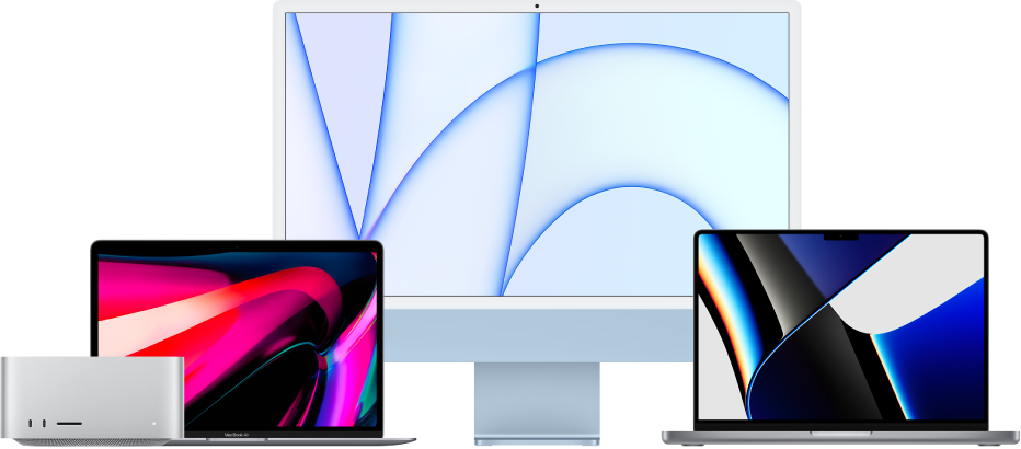 Una Mac Studio a la izquierda. Junto a ella, de izquierda a derecha, una MacBook Air, iMac y MacBook Pro con escritorios coloridos.