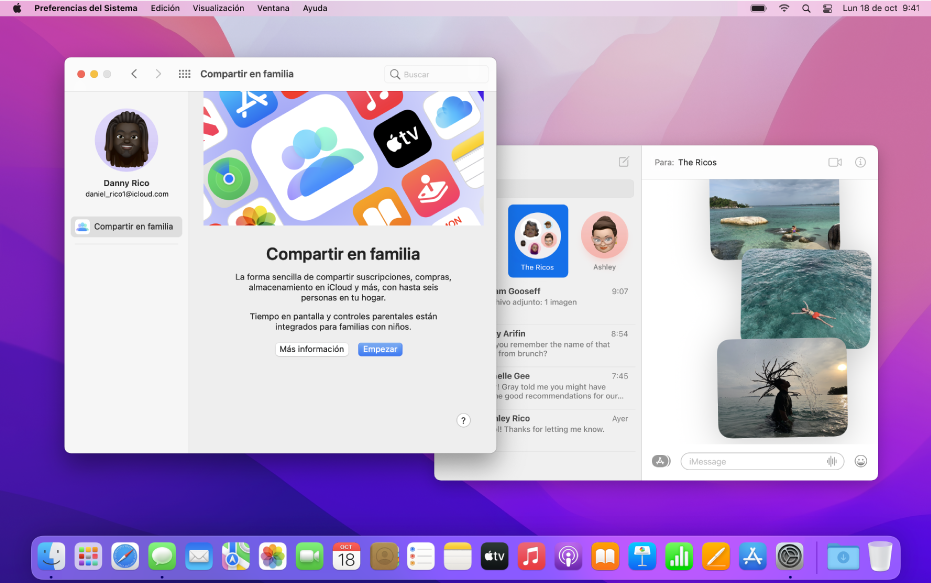 Un escritorio de Mac con el panel “Compartir en familia” de Preferencias del Sistema para empezar y la ventana de Mensajes con varias conversaciones y algunas fotos en una de ellas.