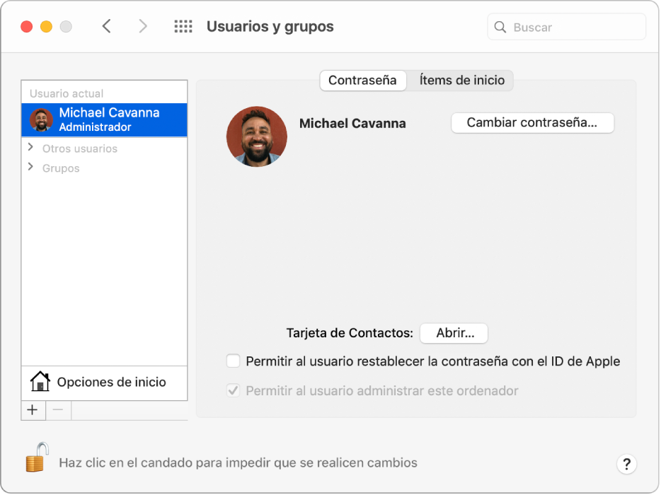 La preferencias “Usuarios y grupos” de un usuario seleccionado. En la parte superior del panel están las pestañas Contraseña e “Ítems de inicio”. Debajo está el nombre del usuario y el botón “Cambiar contraseña”. En la parte de abajo aparece un botón Abrir que sirve para abrir la tarjeta de Contactos del usuario, una opción que te permite restablecer la contraseña usando tu ID de Apple y otra opción para que puedas administrar el ordenador.