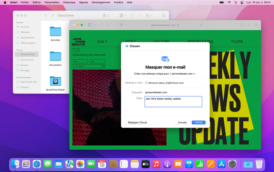 Un bureau Mac avec deux fenêtres ouvertes : le Finder affichant des fichiers d’iCloud Drive ainsi que l’app Safari avec les réglages « Masquer mon adresse e-mail ».