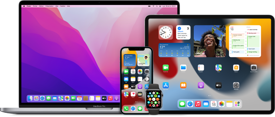 Un Mac, un iPad, un iPhone et une Apple Watch.
